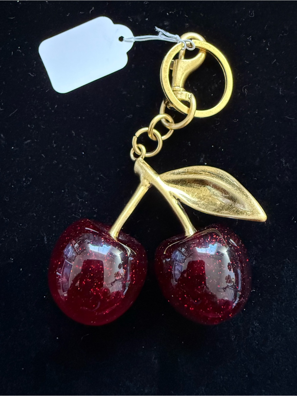 Gold Cherry Keychain with Glittery Deep Red cherry Fruit